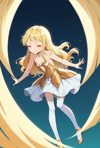 score_9, score_8_up, score_7_up, score_6_up, Takeda hiramitsu style,cyberpunk style,1girl,young female,young adult, very young,blonde hair, curly hair,regal, relaxed shoulders,white clothes, ethereal glow,solo, gold dress, white armored stockings, golden high heels, cleavage, indoor, closed eyes, long hair,small breasts, side boobs, gentle smile, standi