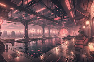 Create a digital illustration featuring a luxurious and desserted onsen of futuristic style, with a hologram projector that has the shape of a large tube in a corner, with bright red lights and a gorgeous view of a cyberpunk city.