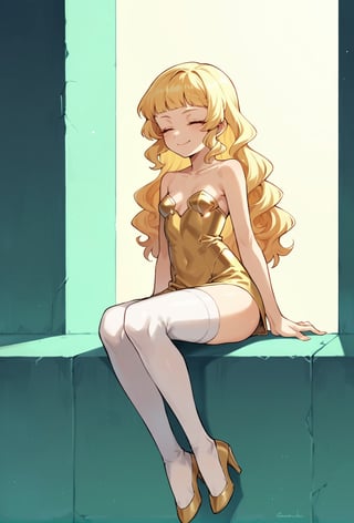 score_9, score_8_up, score_7_up, score_6_up, Takeda hiramitsu style,cyberpunk style,1girl,young female,young adult, very young,blonde hair, curly hair,regal, relaxed shoulders,white clothes, ethereal glow,solo, gold dress, white armored stockings, golden high heels, cleavage, indoor, closed eyes, long hair,small breasts, side boobs, gentle smile, standi