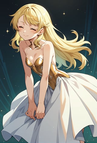 score_9, score_8_up, score_7_up, score_6_up, Takeda hiramitsu style,cyberpunk style,1girl,young female,young adult, very young,blonde hair, curly hair,regal, relaxed shoulders,white clothes, ethereal glow,solo, gold dress, white armored stockings, golden high heels, cleavage, indoor, closed eyes, long hair,small breasts, side boobs, gentle smile, standi