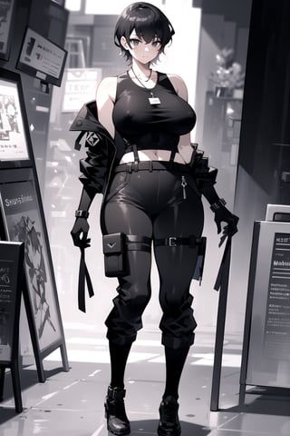 1girl, fullbody, mature female, milf, curvy, large breasts,abs, voloptuous, BREAK (black techwear jacket with a black tank top and grey cargo pants with buckle and tape), tall, full body shot, black hair, cyberpunk style, covered erect nipples,komi shuuko,black eyes, short hair, dog tags