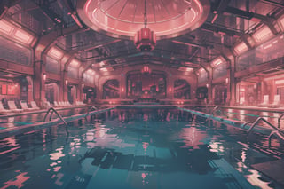 Create a digital illustration featuring a giant luxurious indoor pool of futuristic style, with bright red lights and a gorgeous view of a cyberpunk city.