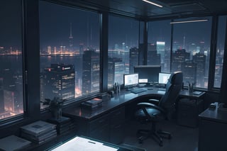 highly detailed, cozy low lights, night charming, night ambience,opulent large office, window glass wall, luxury chairman presidential room, cyberpunk city at night background, ultra detailed office, very chic, futuristic office, single desk, computer over desk, two extra chairs, couch