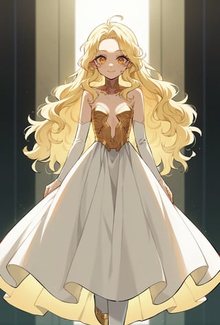 score_9, score_8_up, score_7_up, score_6_up, Takeda hiramitsu style,cyberpunk style,1girl,young female,young adult, very young,blonde hair, curly hair,regal, relaxed shoulders,white clothes, ethereal glow,solo, gold dress, white armored stockings, golden high heels, cleavage, indoor, open eyes, long hair,small breasts, side boobs, gentle smile,cowboy shot, close up, gold bionic eyes