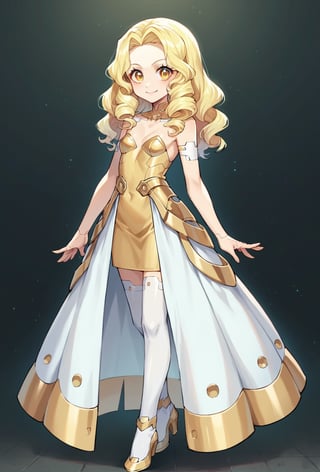 score_9, score_8_up, score_7_up, score_6_up, Takeda hiramitsu style,cyberpunk style,1girl,young female,young adult, very young,blonde hair, curly hair,regal, relaxed shoulders,white clothes, ethereal glow,solo, gold dress, white armored stockings, golden high heels, cleavage, indoor, open eyes, long hair,small breasts, side boobs, gentle smile,cowboy shot,gold eyes, bionic eyes