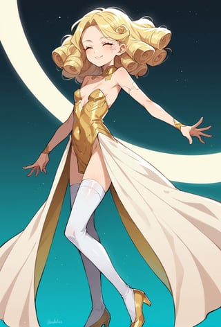 score_9, score_8_up, score_7_up, score_6_up, Takeda hiramitsu style,cyberpunk style,1girl,young female,young adult, very young,blonde hair, curly hair,regal, relaxed shoulders,white clothes, ethereal glow,solo, gold dress, white armored stockings, golden high heels, cleavage, indoor, closed eyes, long hair,small breasts, side boobs, gentle smile, standi