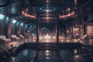 Create a digital illustration featuring a luxurious and desserted onsen of futuristic style, with a hologram projector that has the shape of a large tube in a corner, with black walls and no windows.