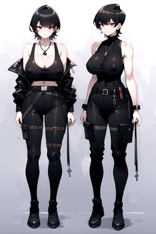 1girl, fullbody, mature female, milf, curvy, large breasts,abs, voloptuous, BREAK (black techwear jacket with a black tank top and brown cargo pants with buckle and tape), tall, full body shot, black hair, cyberpunk style, covered erect nipples,komi shuuko,black eyes, short hair, dog tags