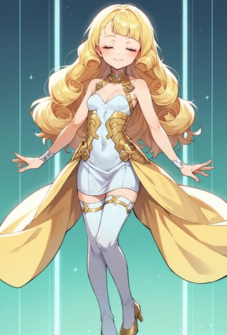 score_9, score_8_up, score_7_up, score_6_up, Takeda hiramitsu style,cyberpunk style,1girl,young female,young adult, very young,blonde hair, curly hair,regal, relaxed shoulders,white clothes, ethereal glow,solo, gold dress, white armored stockings, golden high heels, cleavage, indoor, closed eyes, long hair,small breasts, side boobs, gentle smile, standi