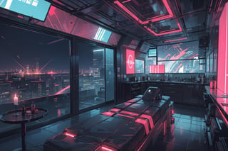 Create a digital illustration featuring a luxurious massage room of futuristic style, with bright red lights and a gorgeous view of a cyberpunk city.