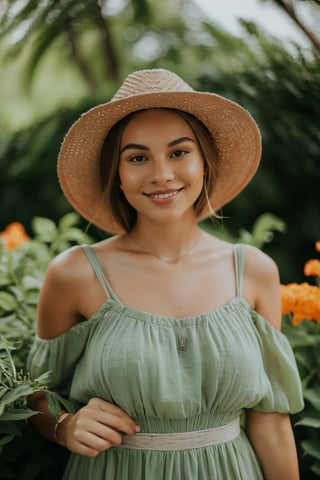 The photo was shot by a Canon EOS Rebel T6 from a high angle. The girl in the photo has a bright smile on her face, with a relaxed and confident pose. She is wearing a flowy summer dress and a straw hat. The natural light creates a soft glow on her face, highlighting her features. The background shows a lush green garden with colorful flowers blooming. The weather is sunny with a few fluffy clouds in the sky. Overall, the photo captures a happy and carefree moment in a beautiful outdoor setting.