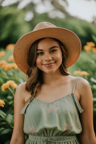 The photo was shot by a Canon EOS Rebel T6 from a high angle. The girl in the photo has a bright smile on her face, with a relaxed and confident pose. She is wearing a flowy summer dress and a straw hat. The natural light creates a soft glow on her face, highlighting her features. The background shows a lush green garden with colorful flowers blooming. The weather is sunny with a few fluffy clouds in the sky. Overall, the photo captures a happy and carefree moment in a beautiful outdoor setting.