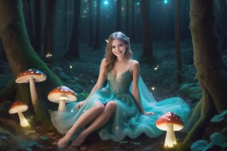 mystical forest at night, a beautiful fairy, 25y, sits on her legs on the ground. she’s wearing a flowing gown that shows her toned and smooth legs. she smiles at the camera. small animal scurry around in the forest floor. luminous toadstools carpet the floor. 