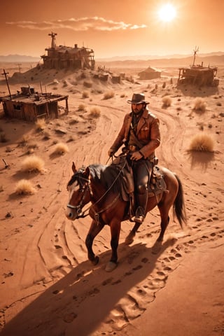 sitting in a cloud, masterpiece, golden hour, tilt shift, shot with Leica m12, chromatic abberations, light leaks, HDR, 2.5D, hyper realistic, hard lighting, bloom effect, ray tracing, A futuristic, post-apocalyptic Western landscape dominated by towering skyscrapers and massive sand dunes. The sky is an eerie shade of orange, casting long shadows across the barren terrain. At the center of the image, a lone ranger, clad in a torn leather jacket and cowboy hat, rides a robotic horse with glowing red eyes. The horse's mechanical hooves churn through the sand, leaving a trail of sparks in its wake. The ranger carries a laser pistol holstered at his side and a holographic map floating above his hand, guiding him towards his destination. The robotic horse has a saddle adorned with various gadgets and tools, including a grappling hook and a solar-powered first aid kit. In the distance, the ruins of an old Western town can be seen, with tumbleweeds rolling past abandoned saloons and collapsed buildings. The image captures the essence of a post-apocalyptic Western, where the survivors must rely on their wits and advanced technology to navigate the harsh new world.32K,ray-tracing, (Realism), (Masterpiece), (Exquisite Detail), Subtle and Beautiful Detail,(Facial Detail), (Highest Quality), (Super-Resolution),(Highly Detailed Illustration),Best Quality,Depth of Field,Natural Shadows photorealistic, Detailedface,madgod,stop motion,Flying,Flight,Floating,dashataran,action shot