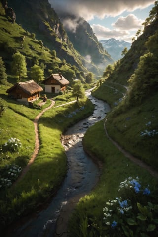 sitting in a cloud, masterpiece, golden hour, tilt shift, shot with Leica m12, chromatic abberations, light leaks, HDR, 2.5D, hyper realistic, hard lighting, bloom effect, ray tracing, A breathtaking panoramic view of a lush, green valley, nestled deep within the towering peaks of snow-capped mountains. The sky above is a brilliant blue, unmarred by any signs of pollution or industry. The air is crisp and clean, carrying the scent of pine and wildflowers. In the distance, a winding river meanders through the valley, its sparkling waters reflecting the sunlight. The valley floor is covered in a rich tapestry of vegetation, with towering oak trees, dense forests of birch and maple, and rolling hills of emerald-green grass. Wildlife abounds, with deer grazing peacefully, birds singing sweetly in the treetops, and butterflies flitting from flower to flower. The sense of timelessness and serenity is palpable, as if this idyllic scene has existed since time immemorial. A small, quaint village is perched on the banks of the river, its stone buildings and thatched roofs blending seamlessly with the natural surroundings. Smoke rises lazily from chimneys, adding a touch of warmth and homeyness to the already cozy atmosphere. The villagers go about their daily routines, tending to their gardens, herding sheep, and socializing in the town square. They seem content and at peace, living in harmony with the natural world that has provided for them since the beginning of time. 32K,ray-tracing, (Realism), (Masterpiece), (Exquisite Detail), Subtle and Beautiful Detail,(Facial Detail), (Highest Quality), (Super-Resolution),(Highly Detailed Illustration),Best Quality,Depth of Field,Natural Shadows photorealistic, Detailedface,madgod,stop motion,Flying,Flight,Floating,dashataran,action shot