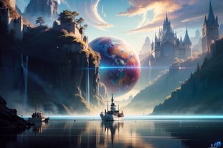 hyper realistic purple planet floating ina valley above a glowing ethereal blue mist covered lake, a battleship is centered on the lake with a smaller boat to the left, a large rocky mountain dmointes the frame in front of the floating planet and a beautiful castle in the style of wlop with a swirling warp gate in its center sits above in the far back, the sky swirls with golden clouds, everything hyper realistic  || refine textures for realism | #EtherealFinish #Image2ImageEnhancement #MysticalAmbiance #TextureRefinement" highly realistic, realistic portrait, anatomically correct, realistic photograph, real colors, award winning photo, detailed face, realistic eyes, beautiful, sharp focus, high resolution, volumetric lighting, incredibly detailed, masterpiece, breathtaking, exquisite, great attention to skin and eyes,Girl , ,Detailedface,earth (planet),neo-alien_nomad