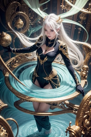 full body shot hyper realistic beautiful white haired girl with flowing hair hair, tight black dress with gold accents, tiny and flowing, epic swirling white hair around her  standing in a giant golden warp portal machine   standing in water, green portal | #EtherealFinish #MysticalAmbiance #TextureRefinement" highly realistic, realistic portrait, anatomically correct, realistic photograph, real colors, award winning photo, detailed face, realistic eyes, beautiful, sharp focus, high resolution, volumetric lighting, incredibly detailed, masterpiece, breathtaking, exquisite, great attention to skin and eyes, Detailedface,dragonbaby,Nature,Landscape,PhotoReal,Photography,Raw photo