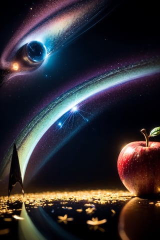 hyper realistic apple locked in another dimension, floating on a pitch black refractive surface petals floating on it, amazing cosmic display in the night sky above, awesome lighting  | #EtherealFinish #MysticalAmbiance #TextureRefinement" highly realistic, realistic portrait, anatomically correct, realistic photograph, real colors, award winning photo, detailed face, realistic eyes, beautiful, sharp focus, high resolution, volumetric lighting, incredibly detailed, masterpiece, breathtaking, exquisite, great attention to skin and eyes, Detailedface,dragonbaby,Nature,Landscape