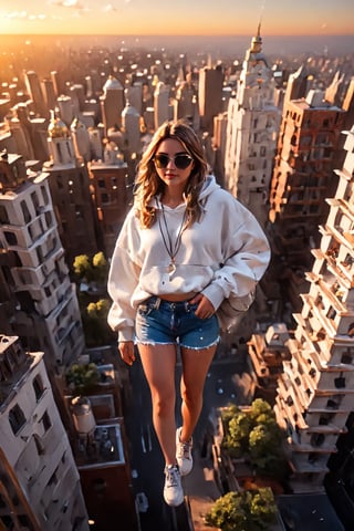 high above the city, masterpiece, golden hour, tilt shift, shot with Leica m12, chromatic abberations, light leaks, HDR, 2.5D, hyper realistic, hard lighting, bloom effect, ray tracing, full body shot of a college girl in an oversized white hoodie and  jean booty shorts with Tortoise with Riesling sunglasses, white converse hightops is ((gracefully floating and incredibly high above the city:1.6)) ((high aerial view of city:1.3)), 32K,ray-tracing, (Realism), (Masterpiece), (Exquisite Detail), Subtle and Beautiful Detail,(Facial Detail), (Highest Quality), (Super-Resolution),(Highly Detailed Illustration),Best Quality,Depth of Field,Natural Shadows photorealistic, Detailedface,madgod,stop motion,Flying,Flight,Floating,dashataran,action shot,Balloons