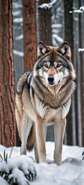 A stunning timber wolf, full body image, fit body, gray and black fur, serious expression, High Detailed RAW color Photo, a masterpiece, walking through a forest of pine trees, winter day, heavy snow on the ground, snow falling through the trees, photography, photorealism, medium shot, natural lighting to highlight the subject’s features, Ultra HD, hdr, 16k, DSLR,y0sem1te