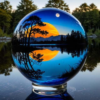 An extremely beautiful blown glass creation with an image insie of a blue moon over a beautiful lake