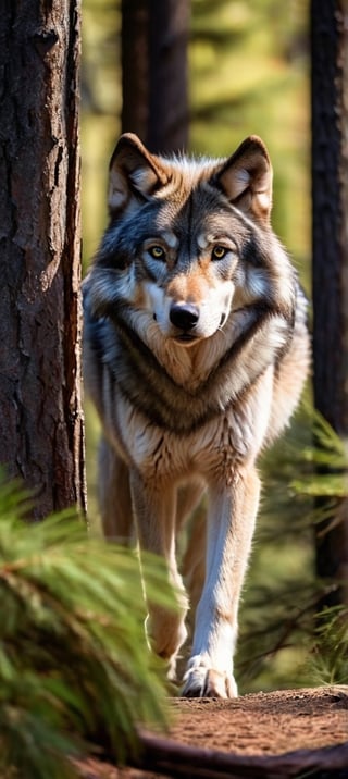 A stunning timber wolf, full body image, fit body, gray and black fur, serious expression, High Detailed RAW color Photo, a masterpiece, walking through a forest of pine trees, summer day, sun shining through the trees, photography, photorealism, medium shot, warm, natural lighting to highlight the subject’s features, Ultra HD, hdr, 16k, DSLR,y0sem1te,r4w photo