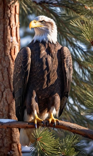 A bald eagle, full body image, serious expression, High Detailed RAW color Photo, a masterpiece, sitting on a pine tree, winter day, snow, sun shining through the trees, photography, photorealism, medium shot, warm, natural lighting to highlight the subject’s features, Ultra HD, hdr, 16k, DSLR,y0sem1te