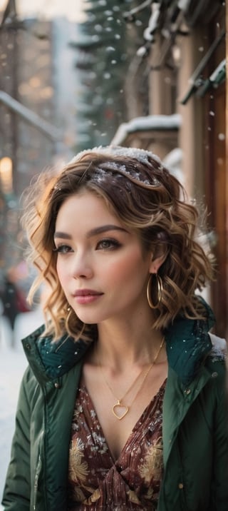A Photograph with artistic style portrays a female, Irish, perfect face in ultra-realistic detail. The composition imitates a cinematic movie, The intricate details, sharp focus, and crystal-clear skin, (Full body photo), walking along a wide brick walkway through a (detailed realistic outdoor backdrop of Central Park in winter in the distance, heavy snow on the ground, Manhattan, New York, distant view:1.3), (Masterpiece, Best quality,32k,UHD:1.5), (sharp focus, high contrast, HDR, ray tracing, hyper-detailed, intricate details, ultra-realistic, award-winning photo, Kodachrome 800:1.4), (cinematic lighting:1.2), ambient lighting, side lighting, Exquisite details and textures a beautiful Irish woman, 40 years old, walking outdoors, facing the camera, smiling warmly, lips closed, (pale skin), long shoulder length ((red curly hair)), messy, very long curly hair, perky natural breasts, ((Sexy pose)), perfect female form, perfect body proportion, perfect anatomy, detailed exquisite symmetric face, detailed soft skin, glossy lips, warm smile, bare legs, slender sexy legs, mesmerizing, detailed hair, ((gold necklace, gold hoop earrings, warm winter jacket, very short dress:2.0)), best quality, masterpiece, beautiful and aesthetic,  high contrast, bokeh:1.2, lens flare, (vibrant color:1.4), (muted colors, dim colors, soothing tones:0), Warm tone, (Bright and intense:1.2), wide shot ultra realistic illustration, sienna natural ratio, (head to feet) portrait, a beautiful instagram, slightly upturned nose, beautiful nose, chin dimple, brown eyes, bare legs, front, (((full body))), nsfw, ,WINTER