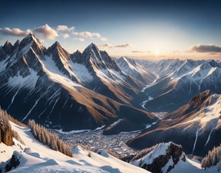 Detailed hyperrealistic photoshoot of a panoramic view of mountains in the winter.  Dark blue sky.  Cinematic and intricately detailed snow covered mountain range from a high vantage point, intricate, highly detailed, long distance view, sunset, sharp focus, 16k, canon eos 450D, ,score_9