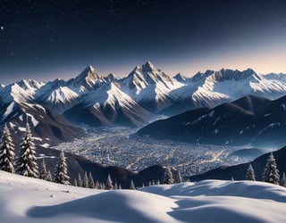 Detailed hyperrealistic photoshoot of a panoramic view of mountains in the winter.  Dark blue sky.  Dusk.  Stars appearing in the sky.  Cinematic and intricately detailed snow covered mountain range from a high vantage point, intricate, highly detailed, long distance view, sharp focus, 16k, canon eos 450D, ,score_9