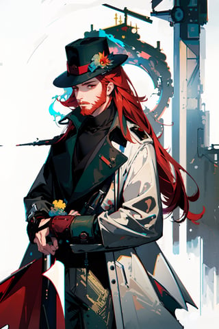 masterpiece,, (masterpiece, best quality:1.5), Handsome man wearing slick collared red trench coat , red full beard ,  turtle neck , neck-length red hair, wearing a red fedora , futuristic skyscrapers in the background ,] buildings , red eyes, [(white background:1.15)] ,weapon,midjourney, green flames, solo , wide view,1guy
