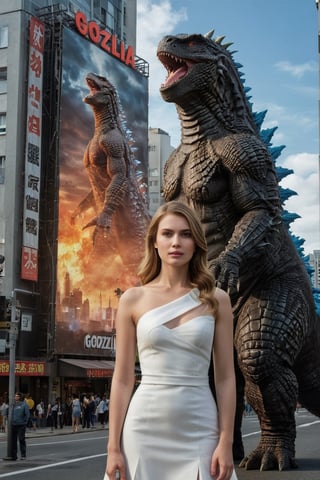 Create a portrait of a European woman with a beautiful face and a supermodel figure, showing her grace and temperament on the sidewalk, forming a strong contrast with the huge poster of Godzilla behind her.

The huge poster of Godzilla.

((Masterpiece, Best Quality)) ultra high definition pictures, crystal translucency, vibrant artwork
Super real, photo style, realistic style, cinematic moviemaker style,Godzilla