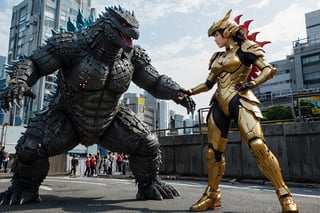 Mecha Girl vs. Godzilla!!
Godzilla is wreaking havoc in Tokyo, causing damage to the city and making it very dangerous.
The mecha girl goes to stop Godzilla, causing a huge explosion, which is very exciting.
The girl who became a giant (120 meters), high-tech armor (no mask), tokusatsu movie, hourglass body shape, full body, background is Tokyo city, beauty, beautiful face, realism: 1.3, best quality, masterpiece, extremely lifelike,DonMD1g174l4sc3nc10nXL ,high rise apartment,More Reasonable Details,Gold,Red mecha,Godzilla,more detail XL