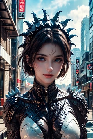Create a portrait of a European woman with a beautiful face and a supermodel figure, showing her grace and temperament on the sidewalk, forming a strong contrast with the huge poster of King Ghidorah behind her.

The huge poster of Godzilla.

((Masterpiece, Best Quality)) ultra high definition pictures, crystal translucency, vibrant artwork
Super real, photo style, realistic style, cinematic moviemaker style,Godzilla