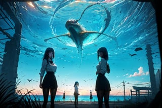 -((**Two young girl** - big breasts, thin, Slim legs))
-Two girl is blue hair 
-Professional digital art
-lofi painting
-digital art 
-beautiful composition

wearing - ((Japanese school uniform)) & ((black pantyhose)).

background - In mirror look out the sea

time - Day-time