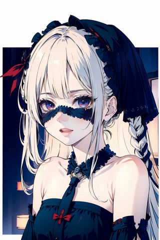 high quality, high detail, masterpiece, beautiful, (entire plane), 1 girl, white hair, ZGirl, dark clothes whit  dark feather details, eyes covered with a cloth dark,  

,marie rose