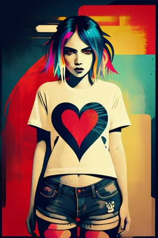(An amazing and captivating abstract illustration:1.4), 1girl, female focus, large breasts, huge breasts, (wearing t-shirt:1.3), shorts, (grunge style:1.2), (frutiger style:1.4), (colorful and minimalistic:1.3), (2004 aesthetics:1.2),(beautiful vector shapes:1.3), with (the text "LOVE!":1.1), text block. BREAK swirls, x \(symbol\), arrow \(symbol\), heart \(symbol\), gradient background, sharp details, oversaturated. BREAK highest quality, detailed and intricate, original artwork, trendy, mixed media, vector art, vintage, award-winning, artint, SFW,real_booster,hubggirl with cut pupy has brown colore ( red eyes)