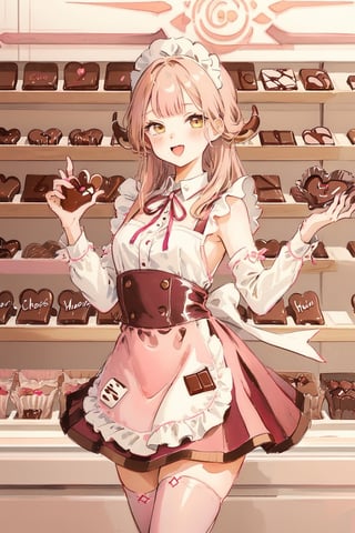 1girl, blonde hair, ((selling chocolate for boyfriend at chocolate shop)), Pink patent leather maid, pink dress,white thighhighs,white apron,cross-laced clothes, masterpiece, best quality, looking at viewer, vintage fantasy, watercolor, warm pastel colour tone, colourpencil style, ((half body)),kawaiitech,arudef