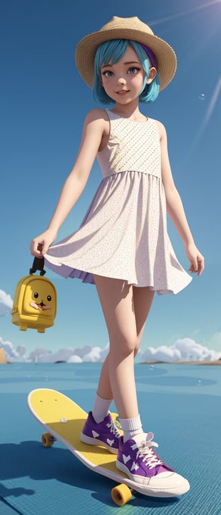 3D rendering in C4d cartoon style,Cute girl with blue hair and purple eyes riding a skateboard, blue background, dynamic display , in a white dress with a colorful polka dot pattern headband , yellow sneakers, white socks with striped soles, wearing a cute hat with candy color patterns in the style of a pop mart blind box toy jelly material, clean background, clay style, bubble mat clay

3D rendering in C4d cartoon style,Cute girl with blue 