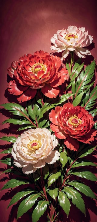 Red and Pink and White three big peony flowers in full bloom, flowers are properly mixed with leaves, peony flowers that glow as subtle as neon signs, spring leaves background

Red