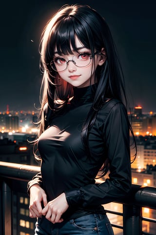 Young Japanese female, (long hair) (silky thin black hair), bangs,(dark red eyes), black glasses, medium breast, thin black long sleeve top, tight black jeans, small grin, gloomy personality, goth, city background, most of body showing
