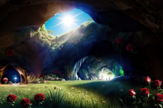 masterpiece, best quality, high resolution, extremely detailed, detailed background, perfect lighting, (sunny cave:1.5),(roses and grass:1.3), detailed background, (inside of cave:1.5), cave ceiling is open with sunlight coming through, post apocalyptic 