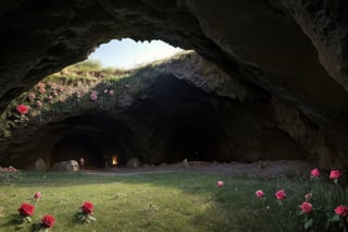 Real, realistic masterpiece, best quality, high resolution, extremely detailed, detailed background, perfect lighting, (sunny cave:1.5),(roses and grass:1.3), detailed background, (inside of cave:1.5), cave ceiling is open with sunlight coming through, post apocalyptic 