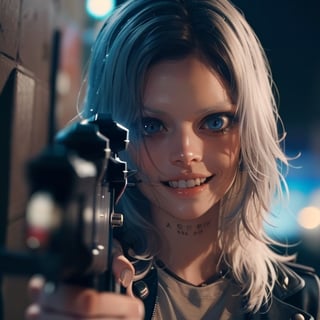 Samara Weaving in Guns Akimbo, close-up, focus on face, crazy smirking, gun