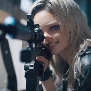 Samara Weaving in Guns Akimbo, close-up, focus on face, crazy smirking, aiming futuristic sniper gun, (sci-fi:1.0)