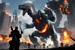 giant mecha kaiju, sharp teeth, dinosaur, mecha, robot, firing huge gun, invading sci-fi dystopia city, war, scenery, mechadinov1, Atomic Bombing in background