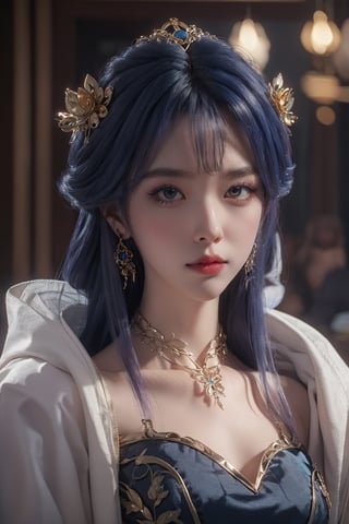 tianqiong,portiart,1girl,jewelry,hair ornament,solo,earrings,long hair,blue eyes,blue hair,looking at viewer,necklace,purple hair,masterpiece,HDR,UHD,8K,best quality,Photographic,,,Xtianqiong,Xyunxiao,full_body