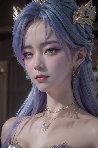 tianqiong,portiart,1girl,jewelry,hair ornament,solo,earrings,long hair,blue eyes,blue hair,looking at viewer,necklace,purple hair,masterpiece,HDR,UHD,8K,best quality,Photographic,,,Xtianqiong,Xyunxiao