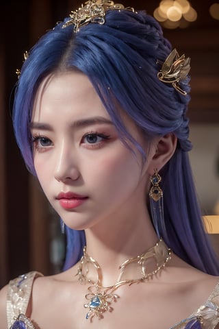 tianqiong,portiart,1girl,jewelry,hair ornament,solo,earrings,long hair,blue eyes,blue hair,looking at viewer,necklace,purple hair,masterpiece,HDR,UHD,8K,best quality,Photographic,,,Xtianqiong,Xyunxiao,