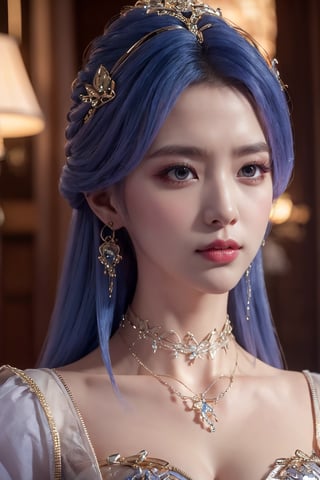 tianqiong,portiart,1girl,jewelry,hair ornament,solo,earrings,long hair,blue eyes,blue hair,looking at viewer,necklace,purple hair,masterpiece,HDR,UHD,8K,best quality,Photographic,,,Xtianqiong,Xyunxiao,